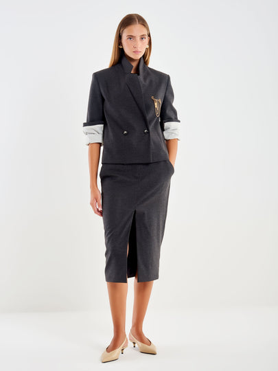 Double-Breasted Cropped Jacket with Brooch