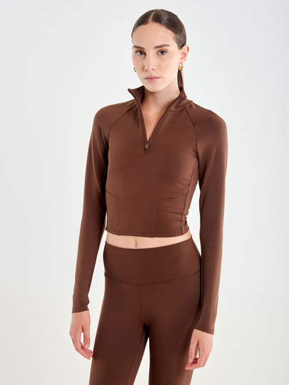 Felpa Cropped con Zip Tabacco