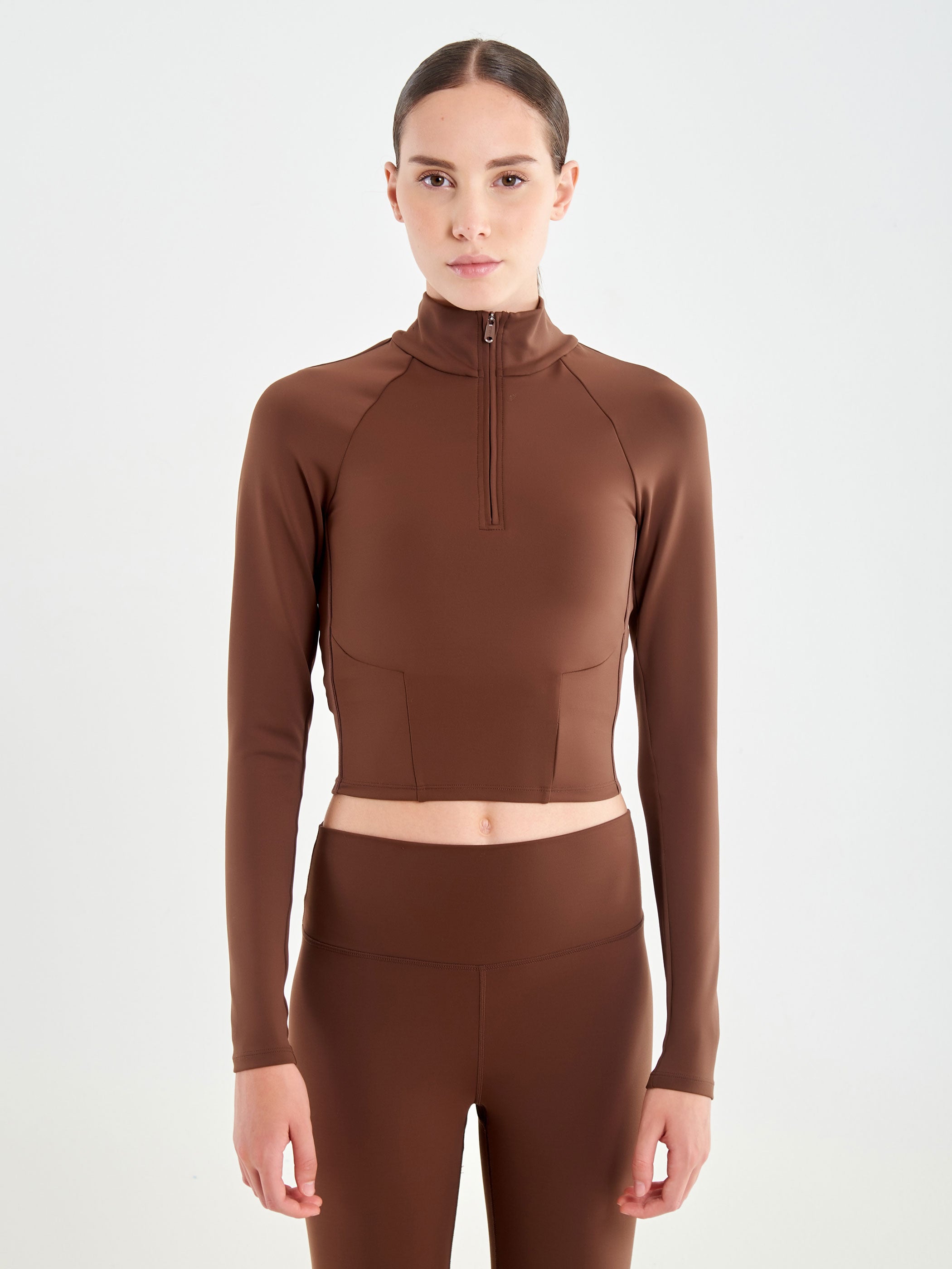 Felpa Cropped con Zip Tabacco